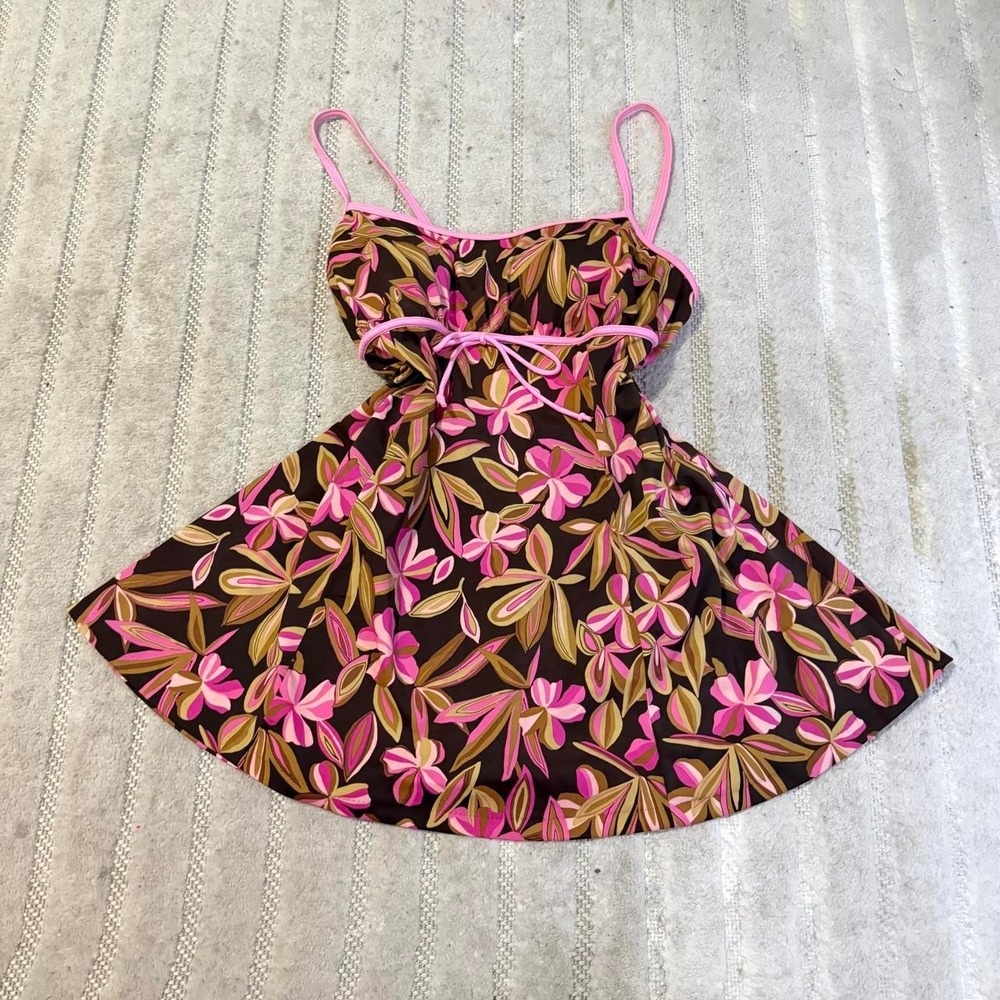 Vtg Y2K It Figures pink brown floral print mini swimwear dress size 14 boho